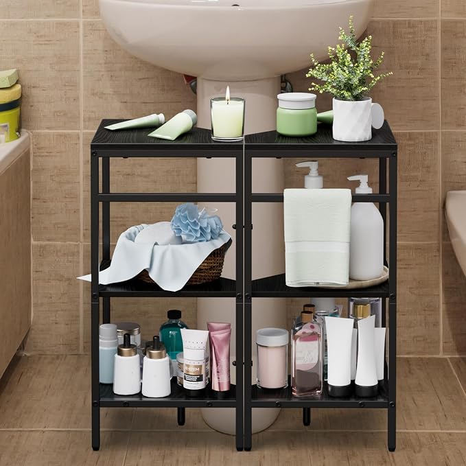 Under Pedestal Sink Shelf 2 Pack Corner Shelf Stand for Bathroom Pedestal Under Sink Storage Rack Under Vanity Storage Organizers Bathroom Storage Corner Shelves Toilet Storage Holder, Black