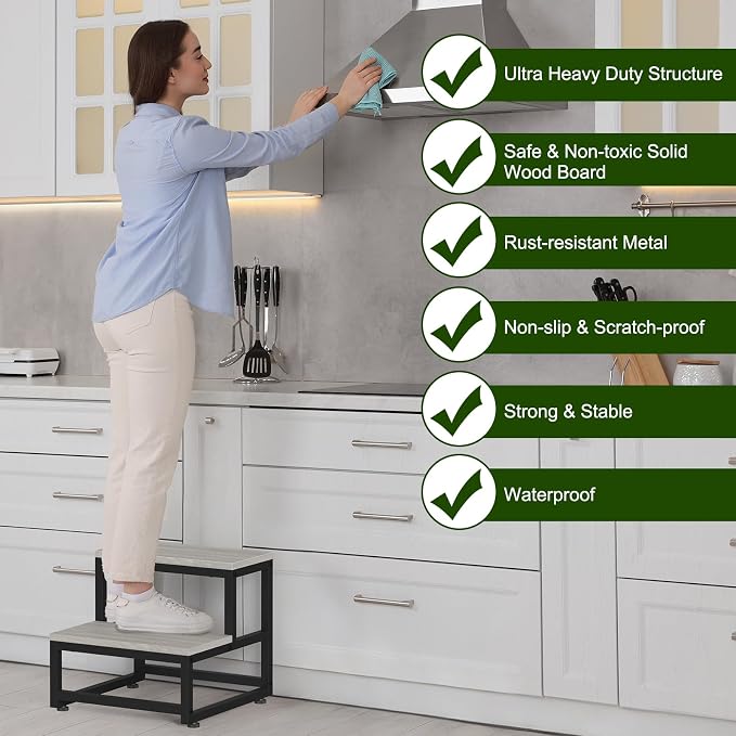 LIANTRAL Step Stool for Adults & Kids, Heavy Duty Wooden Stepping Stools, Bedside Foot Stool with 500lbs Load Capacity, Non-Slip 2 Step Stool for Bed, Kitchen, RV - Gray