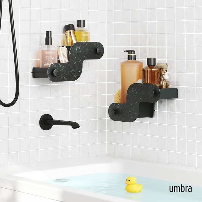 Umbra Nami Shower Caddy Set of 2 – Adhesive Shower Shelf, No Drill Wall Mounted Bathroom Organizer, Rust-Free Plastic Shower Storage Baskets for Shampoo & Toiletries, Ocean Black