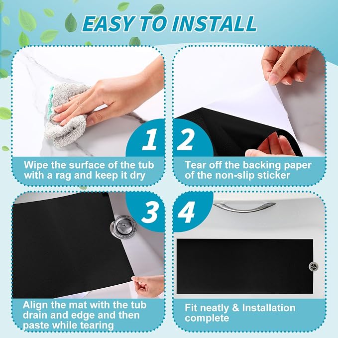 Dunzoom 16" x 40" Non Slip Bathtub Mat with Drain Cut Out Anti Slipping Non Skid Safe Tub Mat Adhesive Peel and Stick Bath Tub Mat PEVA Tub Sticker for Shower Floor Boat Wet Areas(Black)