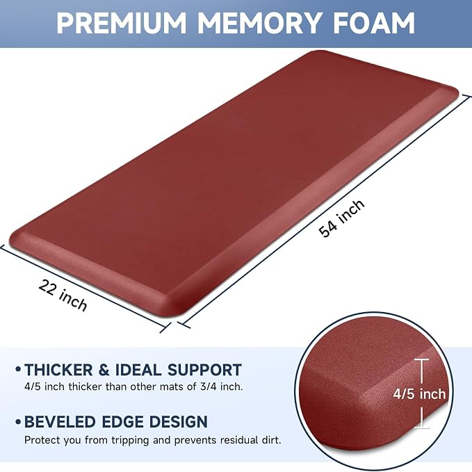 4/5 Inch Thick Kitchen Mats for Floor, StepRite Kitchen Rug for Standing Desk, Non-Slip, Thicker, Stain & Water Resistant, Comfort Anti Fatigue Floor Mat for Home, Kitchen, Office - Red,54 * 22''