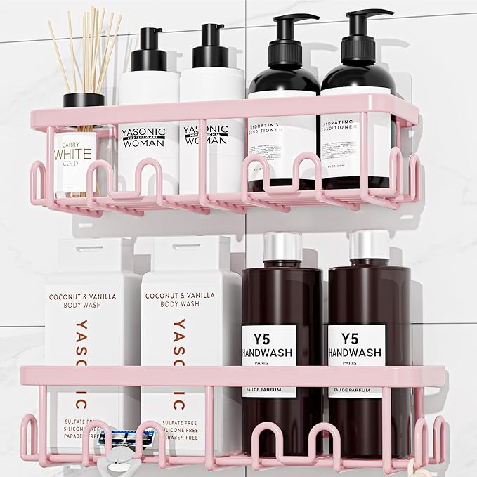YASONIC Shower Caddy Adhesive, 100% Rustproof Shower Organizer, Large Capacity Shower Shelves for Inside Shower, No Drill Shower Storage for Home (2 Pack Pink)
