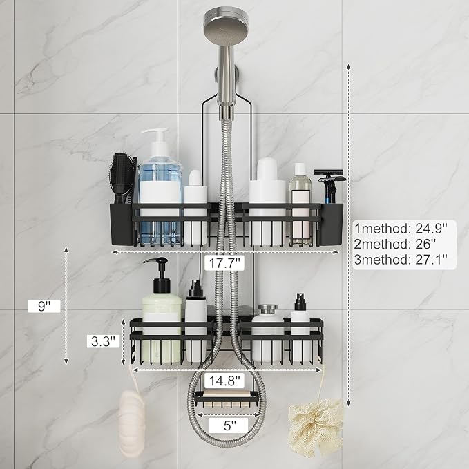Shower Caddy Hanging for Bathroom Organizers and Storage - 3-Tier Adjustable Anti-Swing Shower Organizer Hanging with Heavy-Duty Suction Cups, Damage-Free Rustproof (Black)