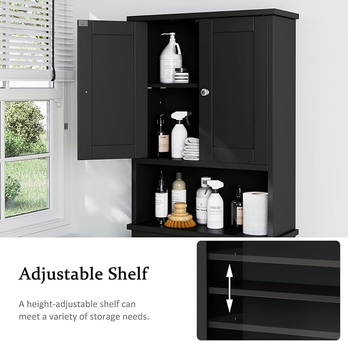Over the Toilet Storage Cabinet for Bathroom, Black Bathroom Over Toilet Cabinet Freestanding Storage Organizer, Space Saver with Doors and Adjustable Shelf, Black