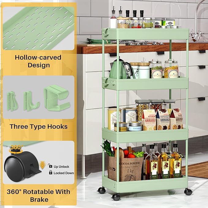 SPACELEAD 4 Tier Rolling Cart with Wheels, Storage Craft Art Trolley Organizer Serving, 3 Hanging Baskets Easy Assembly, for Office, Living Room, Kitchen