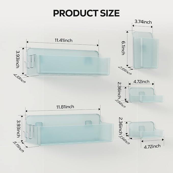 Nieifi Adhesive Wall Shelf, Shower Shelves, Shower Organizer for Bathroom Organization (Blue-Clear, 5 pieces)