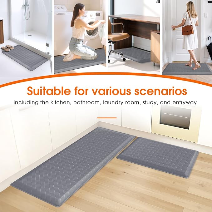 TranquilRelax 4/5 Inch Thick Anti-Fatigue Kitchen Mats 2Pcs, Cushioned Non-Slip Waterproof Sink & Stove Floor Mats, Comfortable Standing Rug Set for Kitchen, Laundry & Entryway, Grey