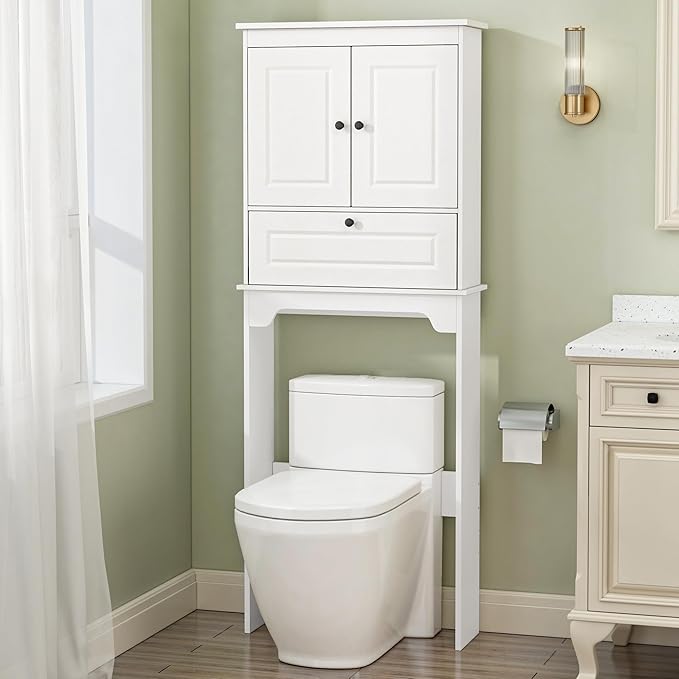 Over The Toilet Storage Cabinet, White | Over Toilet Bathroom Organizer, Freestanding Bathroom Cabinet Over Toilet with Double Doors and Adjustable Shelf