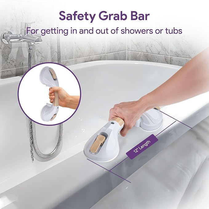 Suction Grab Bar for Shower and Bathtub - Tool Free Suction Cup Bath & Shower Handles with Color Coded Secure Locking Latches - Bathroom Wall Safety Grab Bars for Seniors and Elderly