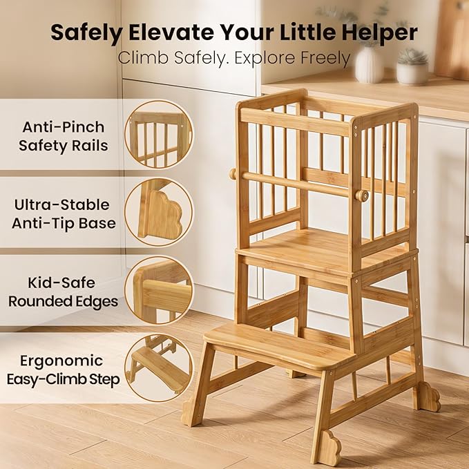 HBTower Kids Kitchen Step Stool with Safety Rails & Anti-Slip Feet,Toddler Standing Tower for Kitchen Counter Learning - Hold Up to 450lbs,Anti-Slip Feet Toddlers Learning Tower,Natural Bamboo