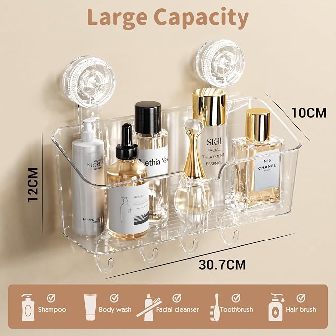 LUXEAR Clear Shower Caddy Suction Cup, No Drilling Removable Shower Shelf, Max Hold 22lbs Suction Bathroom Caddy, One Second Installation Waterproof Suction Shower Organizer for Bathroom Kitchen