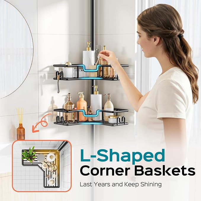 HAMITOR Shower Caddy Tension Pole: 4-Tier Adjustable Corner Bathroom Organizer - Heavy Duty Rustproof L-Shaped Shelves- No Drilling Space-Saving Storage Rack for Family & Renters- 47-123 inch Black