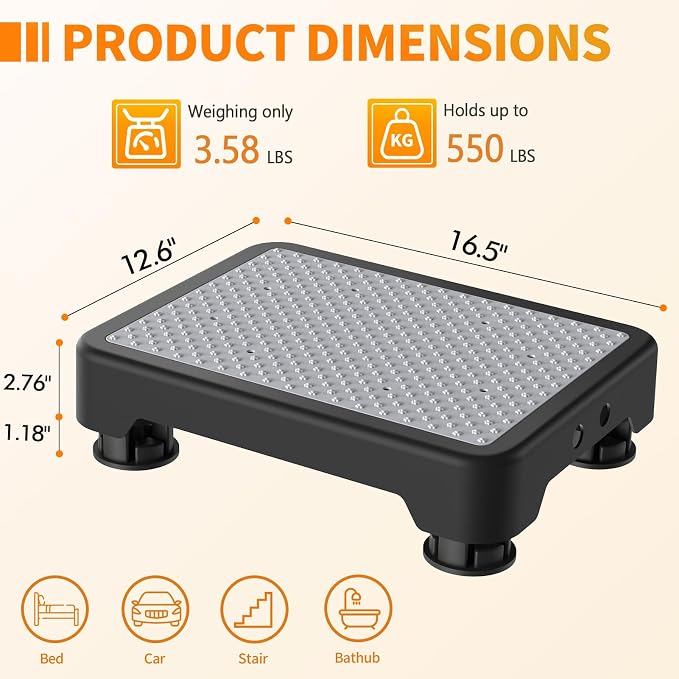 Ronlap One Step Stools for Adults, Portable Safety Step Platform for Seniors Small Plastic Bedside Step Stool Mobility Wide Step Stools Elderly Assistance for Shower Bed Car Stair Outdoor, Black-Gray
