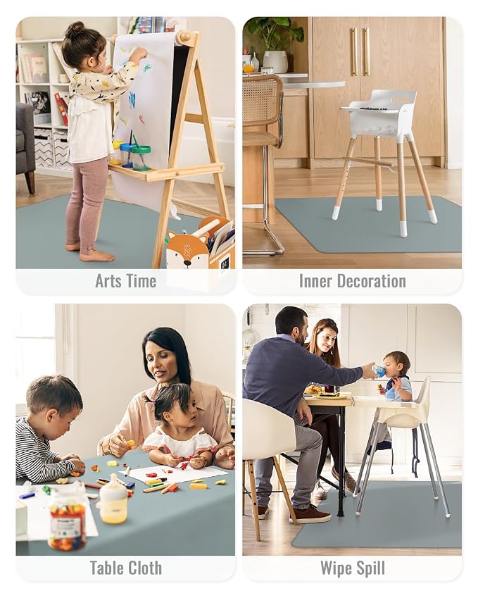 Blissful Diary Baby Splat Mat for Under High Chair, 50.4 x 50.4 Inch Wipeable Splash Mat, Waterproof and Washable, Anti-Slip Floor Protector, Silver Mist