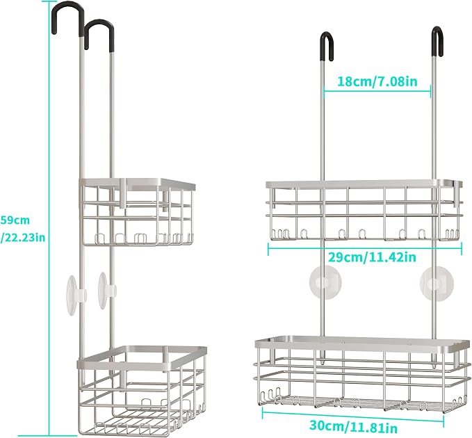 HapiRm Hanging Shower Caddy Organizer - No Drilling Shower Organizer with Hooks, Rustproof & Waterproof 304 Stainless Steel Bathroom Shelves - Silver