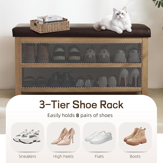 Zihanhome Shoe Rack Bench with Leather Cushion, 2 Tier Solid Wood Storage Bench, Mid-Century Modern Shoe Bench for Entryway, Hallway, Closet, Front Door Entrance, Foyer (Dark Brown, 39.4")