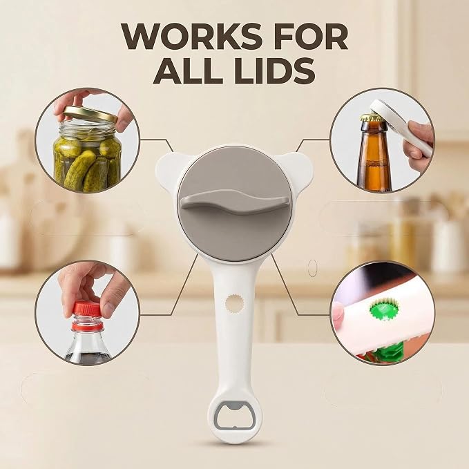 4-in-1 Jar Opener for Seniors, Easy Grip Adjustable Lid Opener for Weak Hands, Multi Function Bottle & Jar Opener, Kitchen Tool for Opening Tight Lids and Caps (Black)