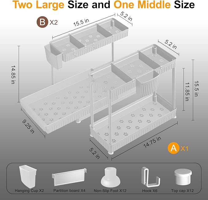 Sevenblue 3 Pack Multi-Purpose Pull-Out Storage Organizers, 2-Tier L-Shaped Under Sink/Cabinet Organizers and Storage for Bathroom & Kitchen,White,14.85 Inch