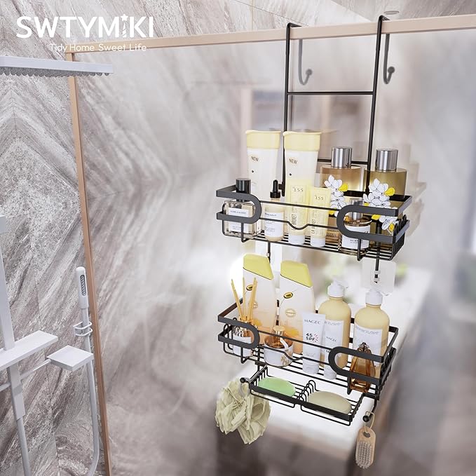 SWTYMIKI Over the Door Shower Caddy Hanging with Double Soap Holder, Hanging Shower Organizer with 16 Hooks, No Drilling Shower Shelves Over Door, Bathroom Rack and Storage, Black