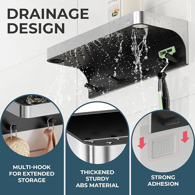 2 Pack Shower Caddy Adhesive, Shower Shelve for Inside Shower, Bathroom Organizers and Storage for Accessories Holder, Rustproof Bathroom Wall Shower Rack Organize with 5 Hooks, No-drill, Silver