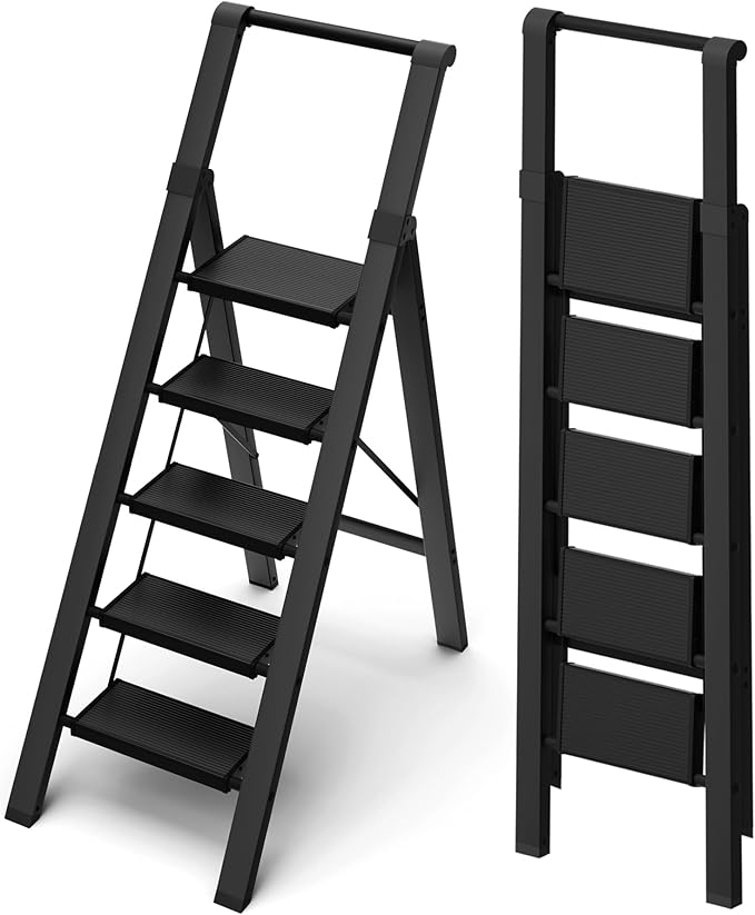 5 Step Ladder, Lightweight Folding Step Stool withConvenient Handgrip,Aluminum 330lbs Capacity Step Ladderfor Office,Household,Kitchen(Black)