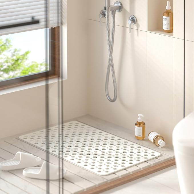 HITSLAM Bathtub Mat Non Slip, 30 x 17 Inch TPE Bath Mat for Tub, Efficient Drainage Bathroom Shower Mat with Suction Cups, Bath Tub Mat, Soft on Feet and Easy to Clean, White