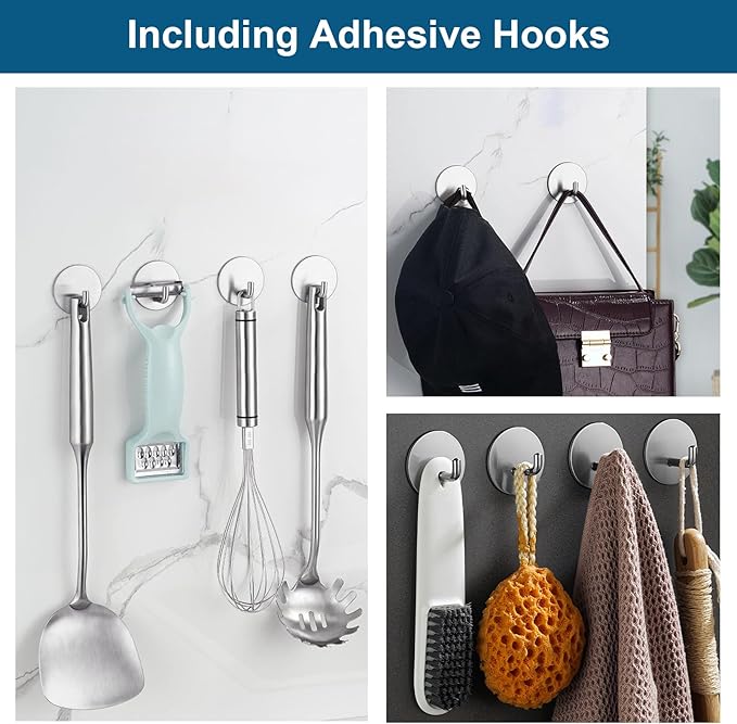 Diesisa Razor Holder for Shower + Adhesive Wall Hooks, Premium 304 Stainless Steel Shower Razor Holder with Heavy Duty Waterproof Sticky Hooks for Hanging Towels, Coat, hat (4+4 Pack) - Black