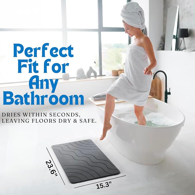 Stone Bath Mat Quick Drying Diatomaceous Earth Bath Mat Non Slip Shower Mat Super Absorbent Stone Bath Mats for Bathroom, Floor, Kitchen Counter, Easy to Clean (23.6” X 15.3”, Dark Gray)