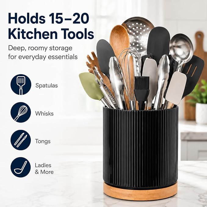 QUELIEN Utensil Holder, 360° Rotating Ceramic Kitchen Utensil Holder for Countertop, 7.7" Utensil Crock for Kitchen Counter with Rotatable Wooden Base,Ideal Housewarming Gift & Mothers Day Gift