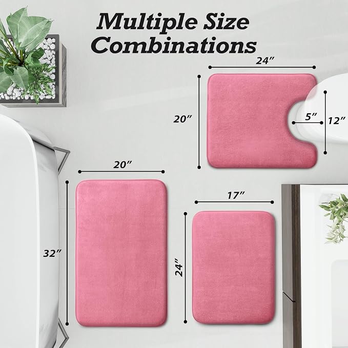 HUXMEYSON Bathroom Rugs Sets 3 Piece, Non-Slip & Quick Dry Bath Mat Set, Ultra Soft Velvet Bath Rugs for Bathroom, Toilet and Shower Floor, Pink