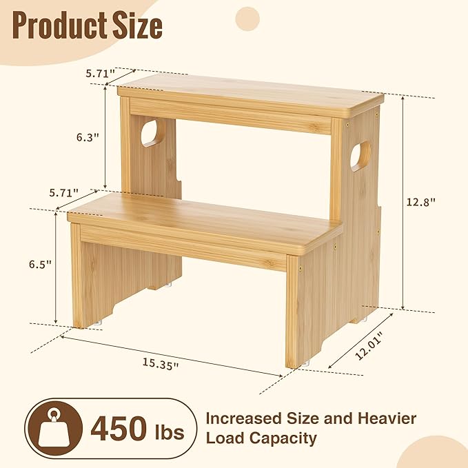Two Step Stool for Adults and Kids, 450lbs Heavy Duty Step Stool, Bamboo Step Stool for High Beds, Portable Helper Step Stairs for Kids, for Kitchen, Bathroom, RV, Bedside Step Stool, Natural