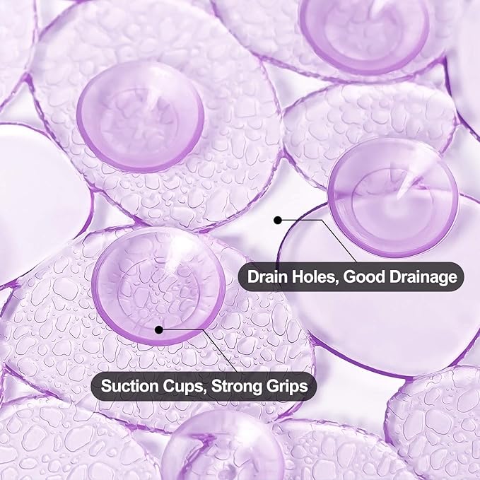 WELTRXE Pebbles Bath Mat Oval Non-Slip Bathtub Mat with Suction Cups, Drain Holes for Bathroom Showers, Tub, Machine Washable, BPA, Latex Free Safe Shower Mats, 27 x 14 Inch, Purple
