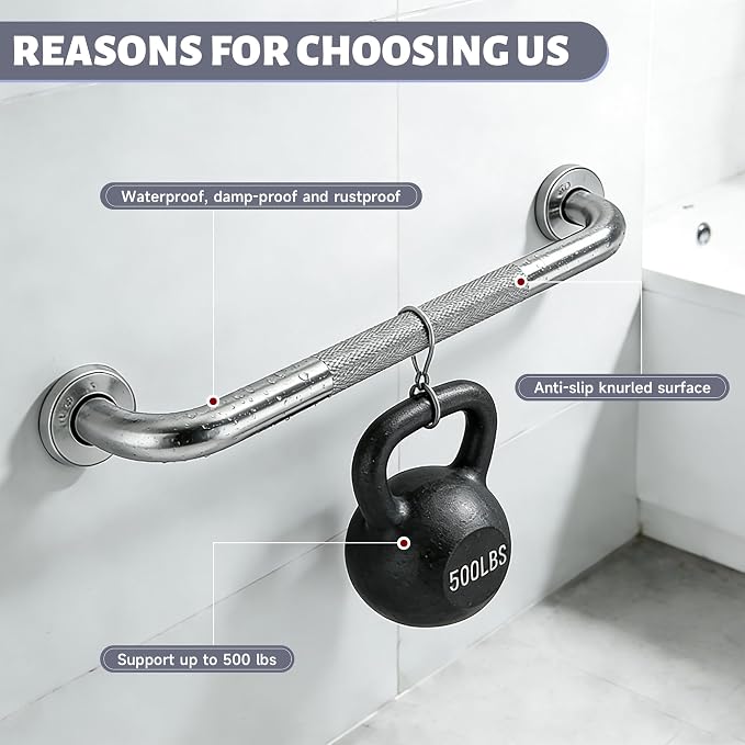 16 Inch Shower Grab Bar 1.25" Dia， Brushed Nickel Anti Slip Bathroom Grab Bar, 304 Stainless Steel Knurled Handicap Grab Bars, Safety Support Handrail， Bath Shower Handle for Elderly Injury Senior