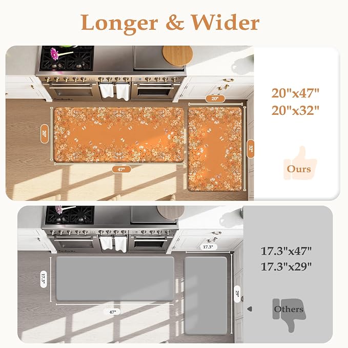 KIMODE Fall Kitchen Mats Cushioned Anti Fatigue, Orange Farmhouse Kitchen Rugs Sets of 2, Halloween Kitchen Mats for Floor, Padded Kitchen Floor Mats for Sink Laundry Office Desk 20"x47"+20"x32"