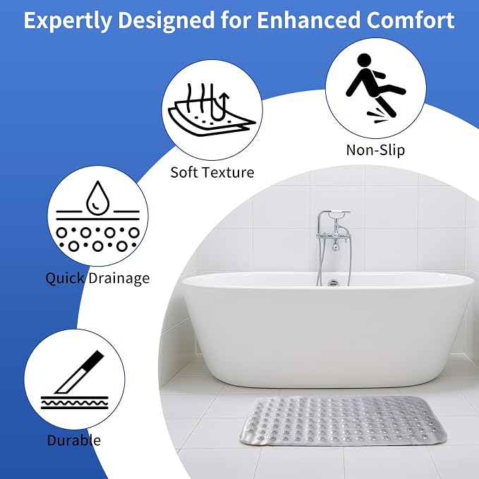 Non Slip Bath Mat, Quick-Dry Bathtub Mat with Strong Suction Cups & Drain Holes, Soft PVC Bathroom Mat for Smooth Surfaces, Machine Washable, 27.5x15 Inches, Grey