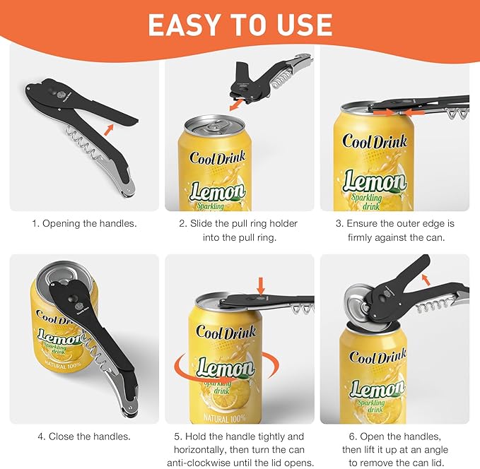 ikkle Topless Manual Soda Can Opener with Smooth Edge, 5-in-1 Multifunction Aluminum Pop-Top Can Lid Remover & Ring Pull Opener, Beer Bottle Opener, Wine Corkscrew & Foil Cutter