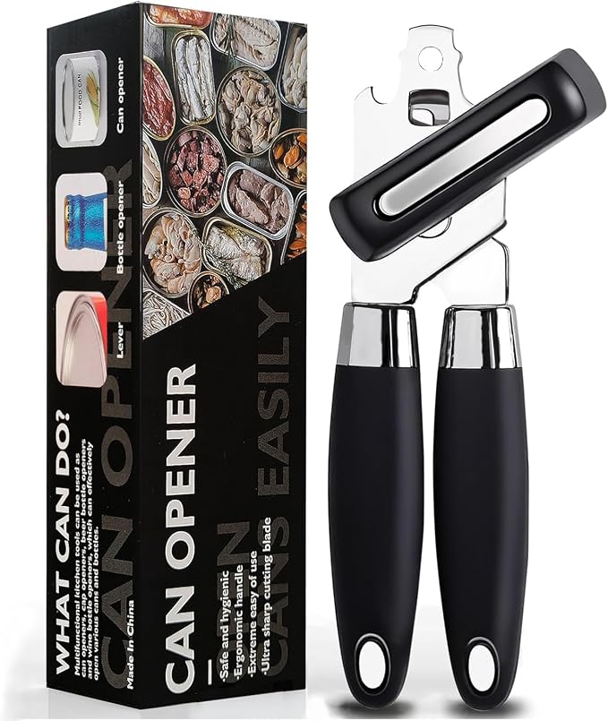 Multifunctional Stainless Steel Manual Can Opener and Bottle Opener, Heavy Duty Hand Held Can Opener with Easy Turn Knob, Sharp Blade Smooth Edge, Good Grips Kitchen Tool for Seniors (Black)