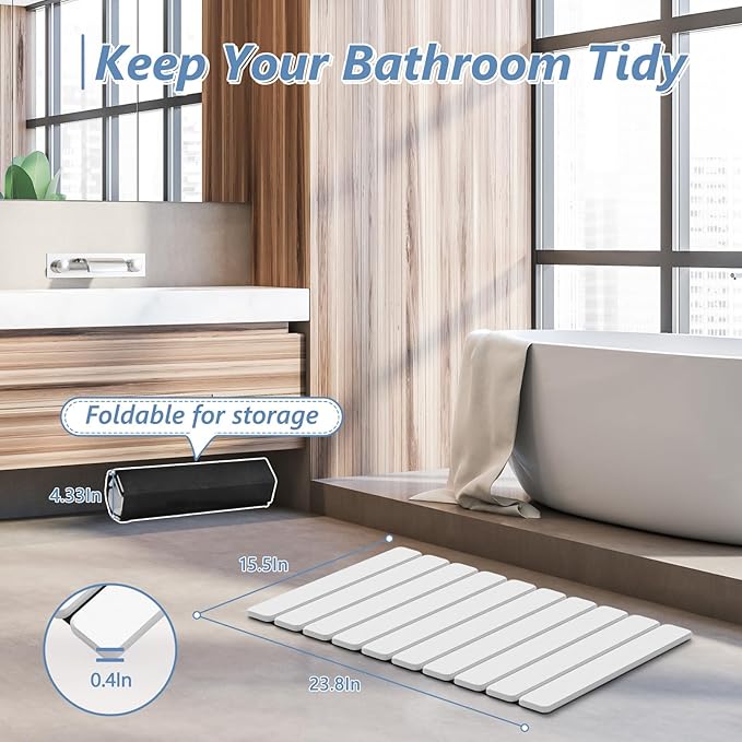 AWW Foldable Stone Bath Mat, Quick Dry Diatomaceous Earth Bath Mat with Non-Slip Mat, Super Absorbent, Easy to Clean, Compact for Small Bathrooms, 23.6 x 15.5, White