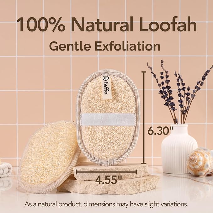 Natural Loofah Sponge for Body Scrub, Exfoliating Body Scrubber & Loofah with Handle, Exfoliating Pads, Loofah for Women, Men & Kids (2 Count - 1 Pack, Oval)