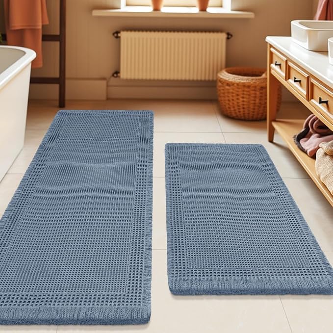 Upgrade Waffle Bath Mat Set 2 Piece, Boho Bathroom Rugs Absorbent Non Slip, Ultra Soft Bathroom Mat, Machine Washable Knit Bath Rugs with Border for Bathroom, Bedroom, Kitchen, Shower, Tub, Blue