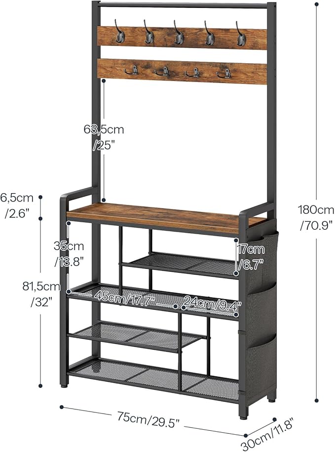 HOOBRO Hall Tree with Bench, Shoe Rack with Coat Rack, Coat Rack with Shoe Storage, 5 Tier Shoe Storage Organizer with Oxford Fabric Side Pockets, Coat and Shoe Rack Entryway, Rustic Brown BF45MT01