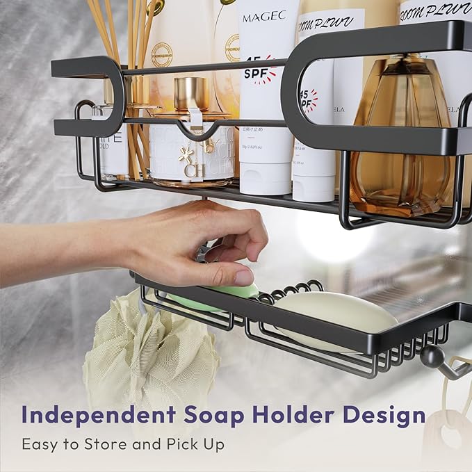 SWTYMIKI Over the Door Shower Caddy Hanging with Double Soap Holder, Hanging Shower Organizer with 16 Hooks, No Drilling Shower Shelves Over Door, Bathroom Rack and Storage, Black