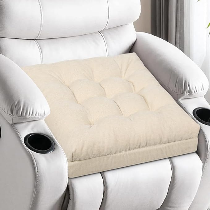 Recliner Cushions for Elderly, 20x20x4 Inch Thick Chair Cushion for Shorter Users Patent Design Soft Tufted Dual Layer Booster Seat Cushions for Seniors Recliner Risers Beige 1P