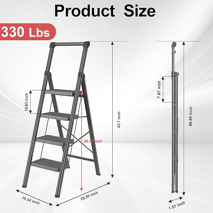 Foldable Step Ladder Stool for Home,4 Step Stool with Wide Anti-Slip Pedal, Heavy Duty 600Lbs Ladder for Indoor Kitchen Closet Stair Use, Black
