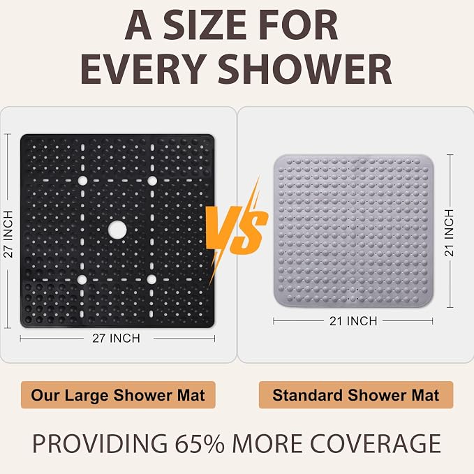 ZOESOE Square Shower Mat Non Slip: 27 x 27 Inches Large Shower Mats for Inside Shower, Soft TPE Shower Floor Mat with Suction Cups and Drain Holes, Machine Washable