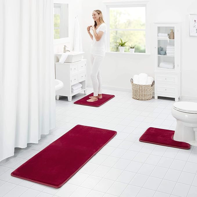Memory Foam Bath Mat Non Slip Absorbent Super Cozy Velvet Bathroom Rug Carpet (22 inches X 42 inches, Red)