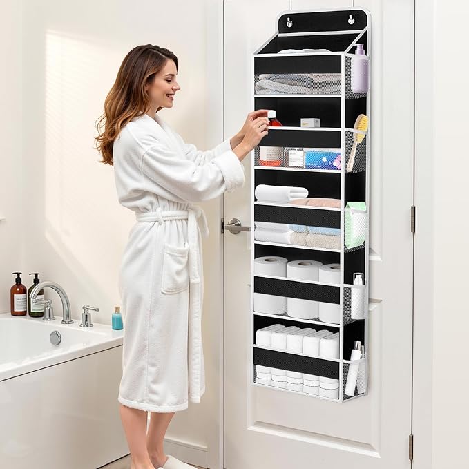 WISELIFE Over the Door Organizer - 5 Shelves Large Capacity Hanging Bedroom Storage Solution with Side Pockets for Dorm Bathroom Pantry Nursery and Baby Essentials Holds up to 40 Lbs Black