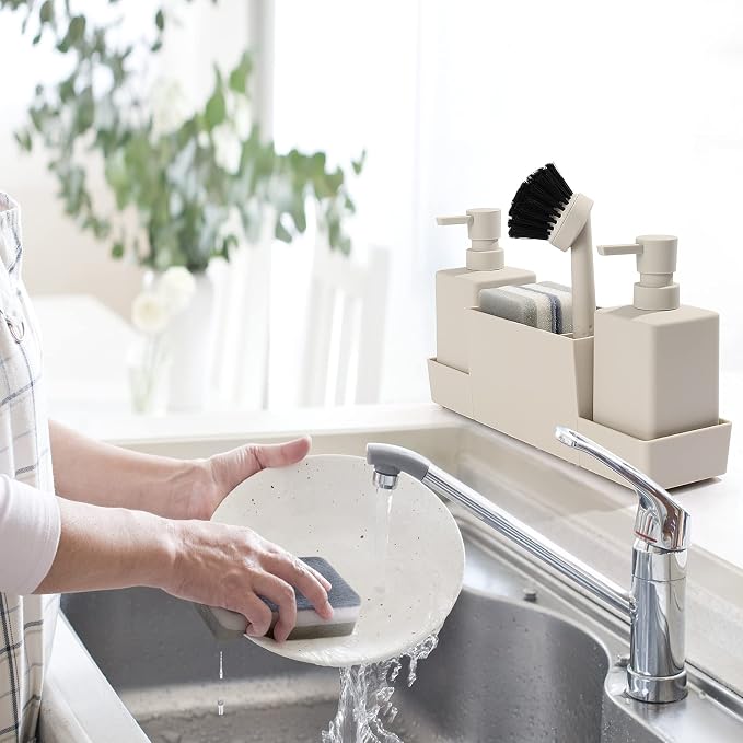 Kitchen Soap Dispenser with Sponge Holder Set for Sink Caddy, Hand Soap and Dish Soap Dispenser with Brush Matte Beige