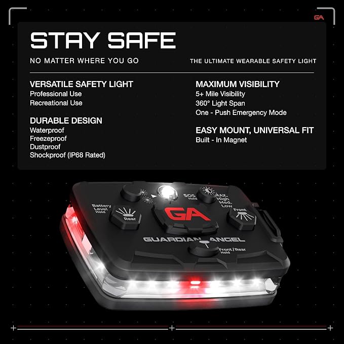 Guardian Angel Elite Series Safety Light, Beacon Device (White Front & Red Rear) Rechargeable, Magnetic, Hands-Free Wearable & Mountable LED Flashlight for First Responders, Firefighters & Rescue Ops
