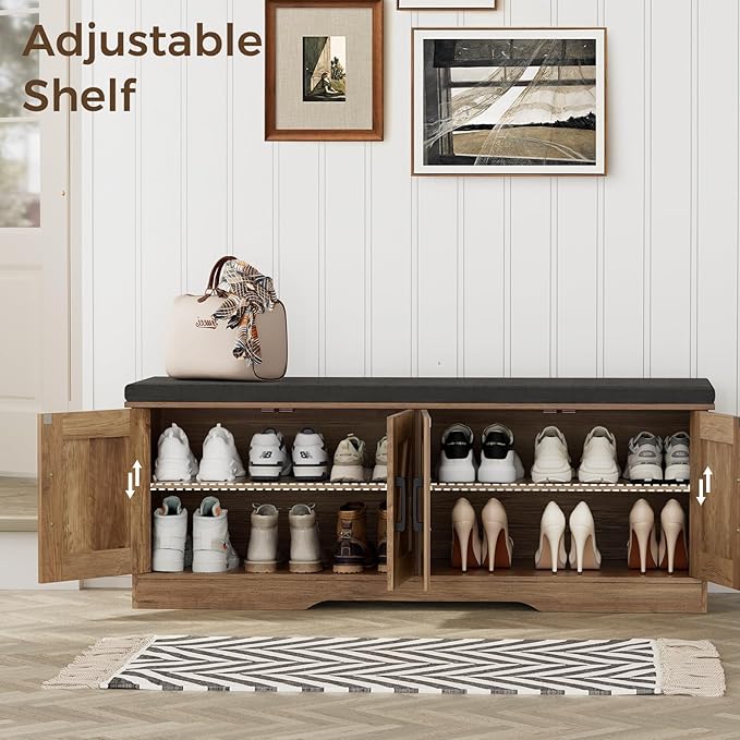 HOMSHO 2-Tier Storage Bench, 47.2" Wide Shoe Bench with Padded Seat Cushion, Entryway Bench with 4 Barn Doors and Adjustable Shelf, Rustic Walnut